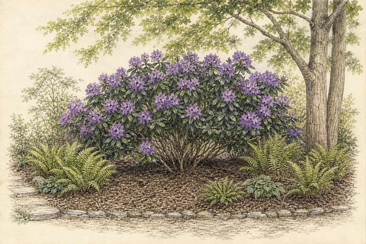 Wide woodland-edge planting of Catawba rhododendron in high dappled shade with ferns and leaf-mold mulch