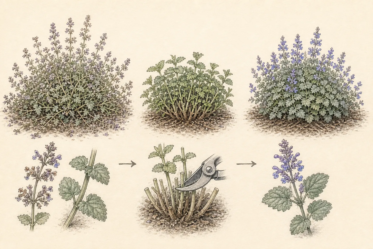 A spent open catmint mound is reduced above fresh basal leaves and regrows into a compact flowering dome