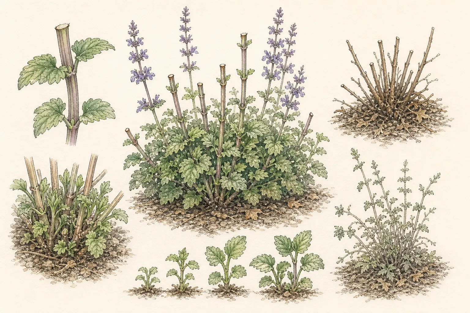 Catmint stems are parted to reveal living basal shoots, a safe horizontal cut line above them, and a protected woody crown below