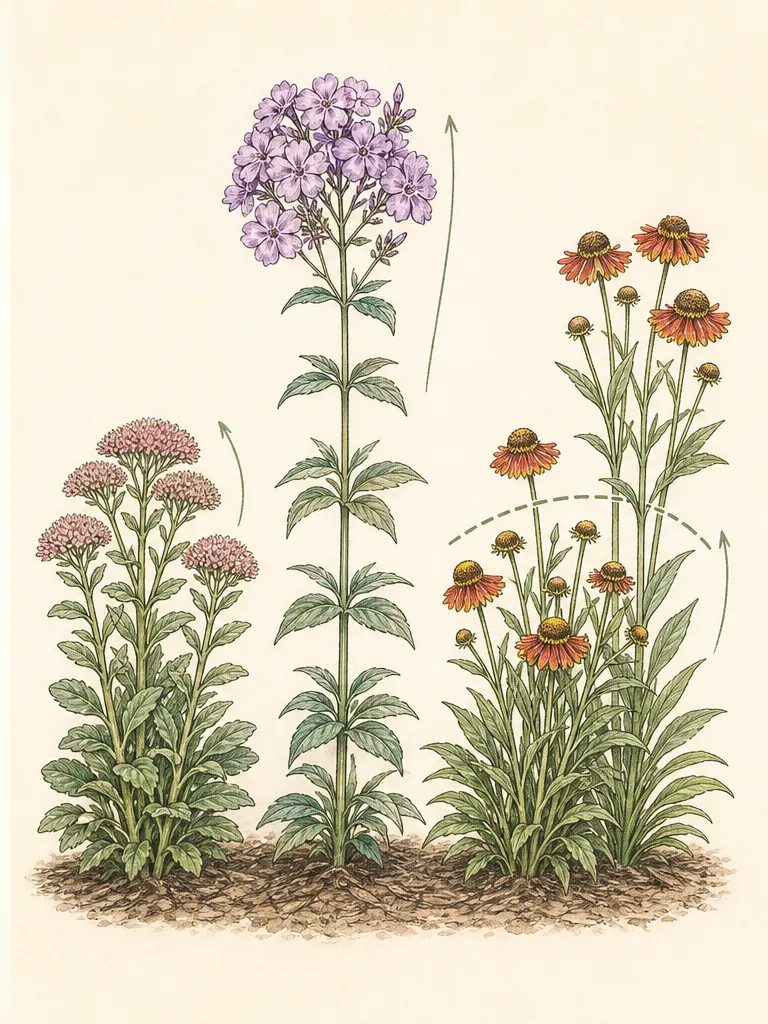 Three Chelsea chop patterns showing all stems shortened, front stems shortened, and alternate stems staggered on tall late perennials