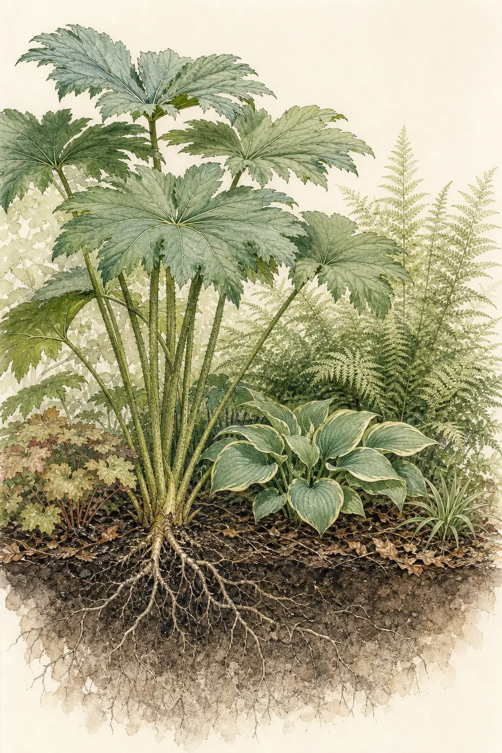 Garden study showing the placement and growth habit of Chestnut-Leaved Rodgersia