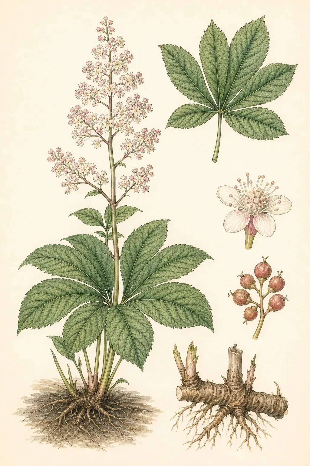 Botanical identification plate of Chestnut-Leaved Rodgersia, Rodgersia aesculifolia