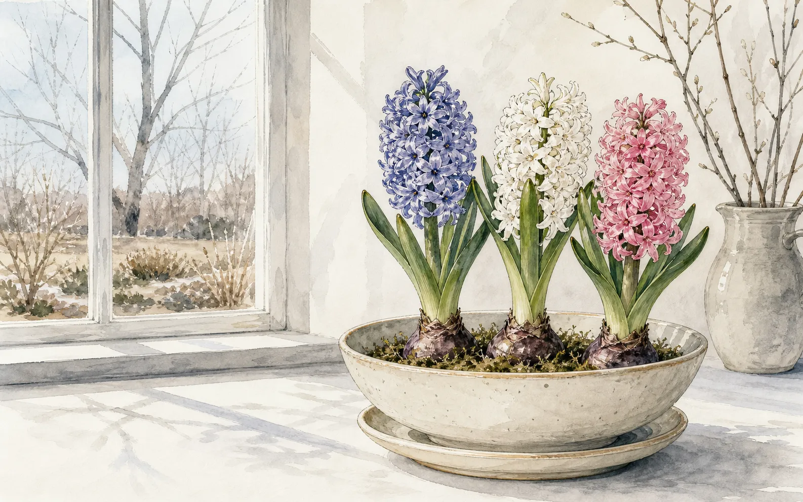 Three potted hyacinths staged from a cool bright transition space to a finished table display away from a radiator