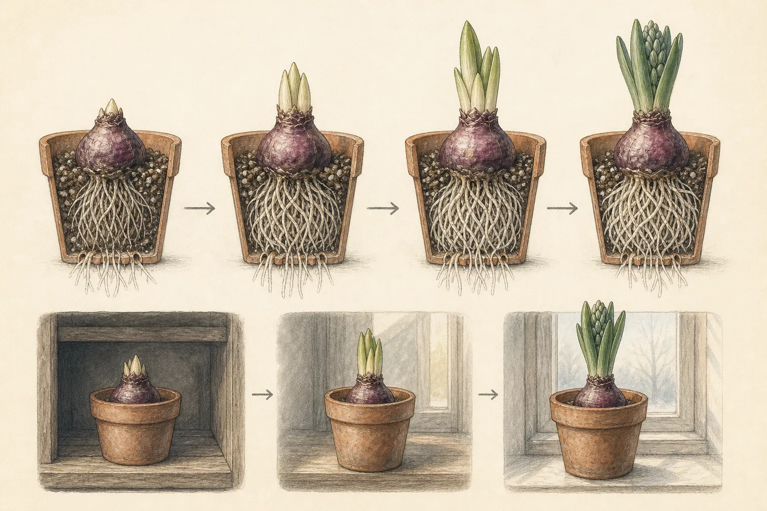 Cutaway sequence of a chilled potted hyacinth showing a firm bulb, rooted pot, emerging shoot, and developing flower truss