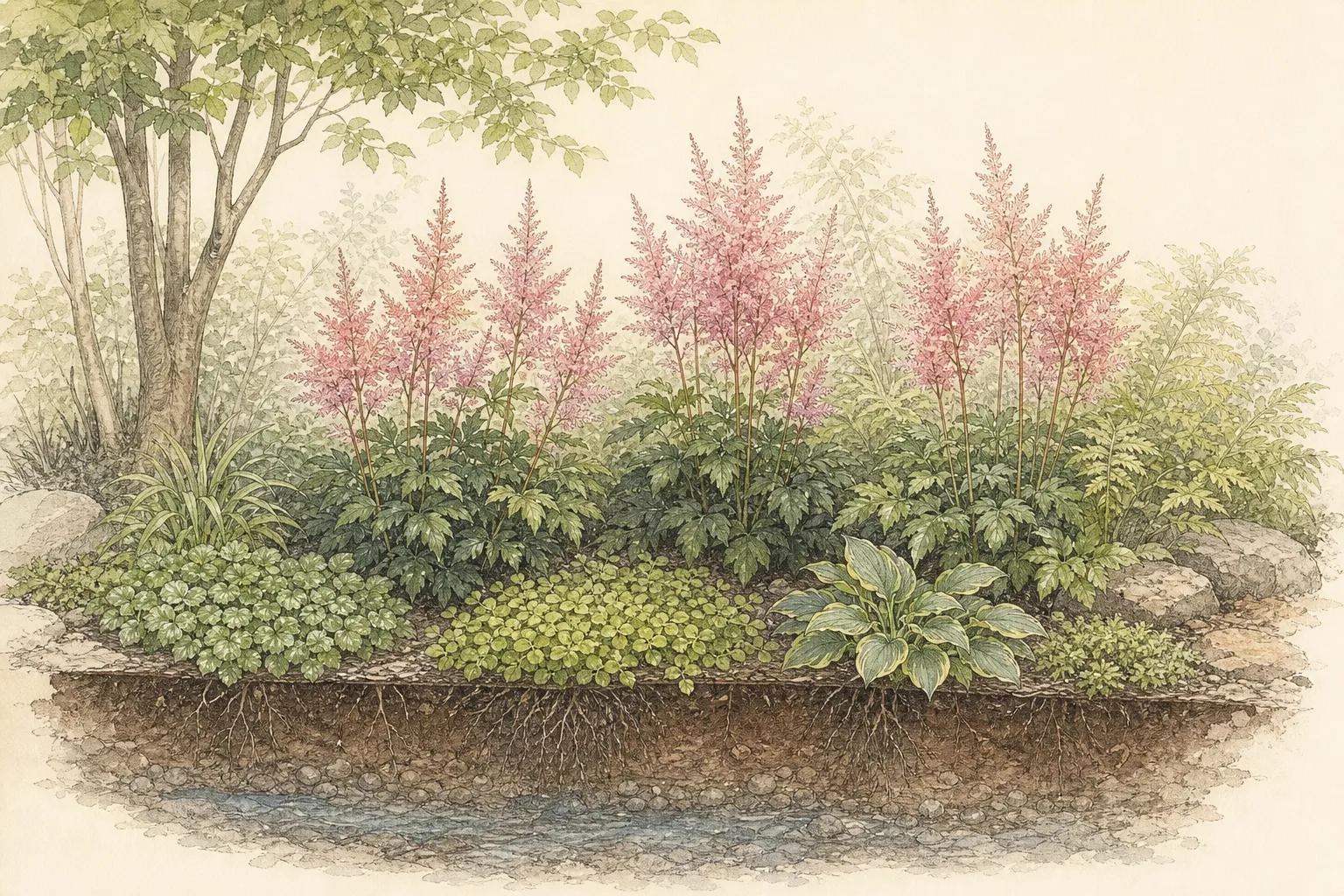 Garden study showing the placement and growth habit of Chinese Astilbe