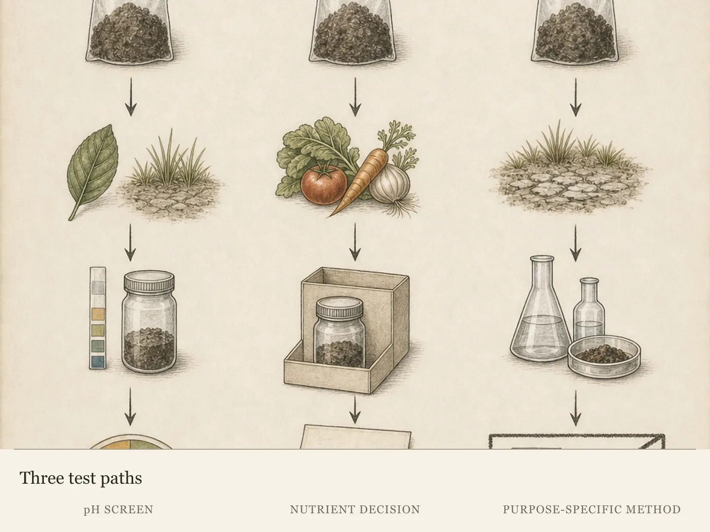 Three soil-testing paths connecting a pH question, nutrient amendment decision, and contaminant or salt concern to different test scopes