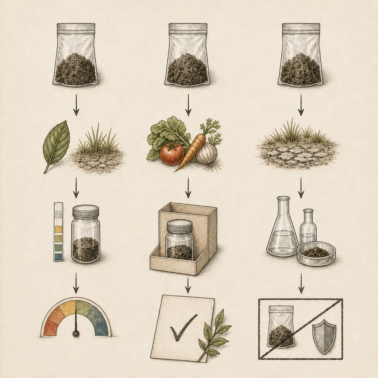 Three complete soil-testing paths run from sample bags to a pH screen, routine laboratory package, or purpose-specific analysis