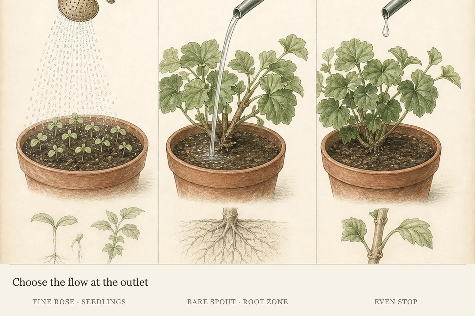 Three container studies comparing a fine rose for seedlings, a direct root-zone stream and a cleanly stopping spout