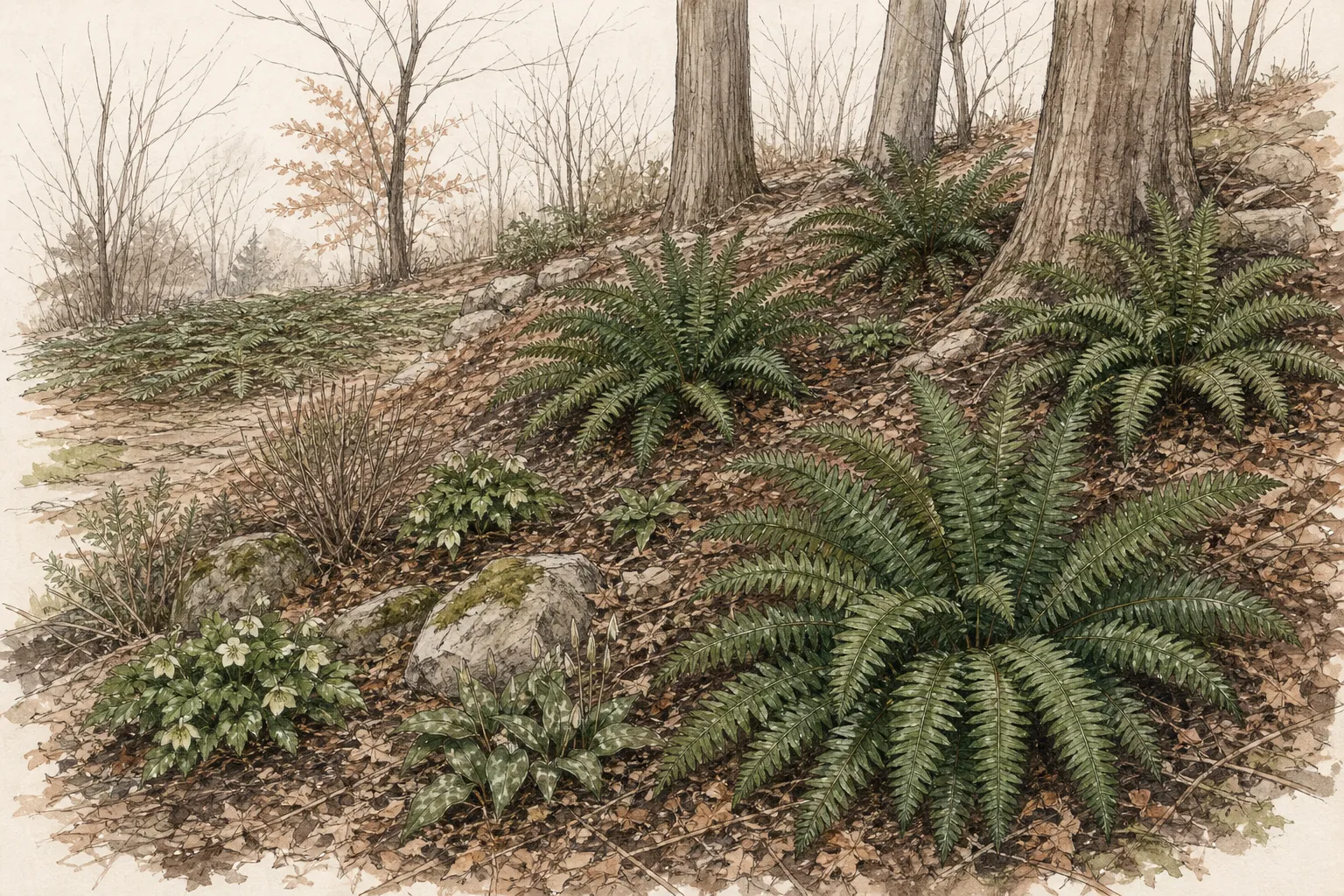 Garden study showing the placement and growth habit of Christmas Fern