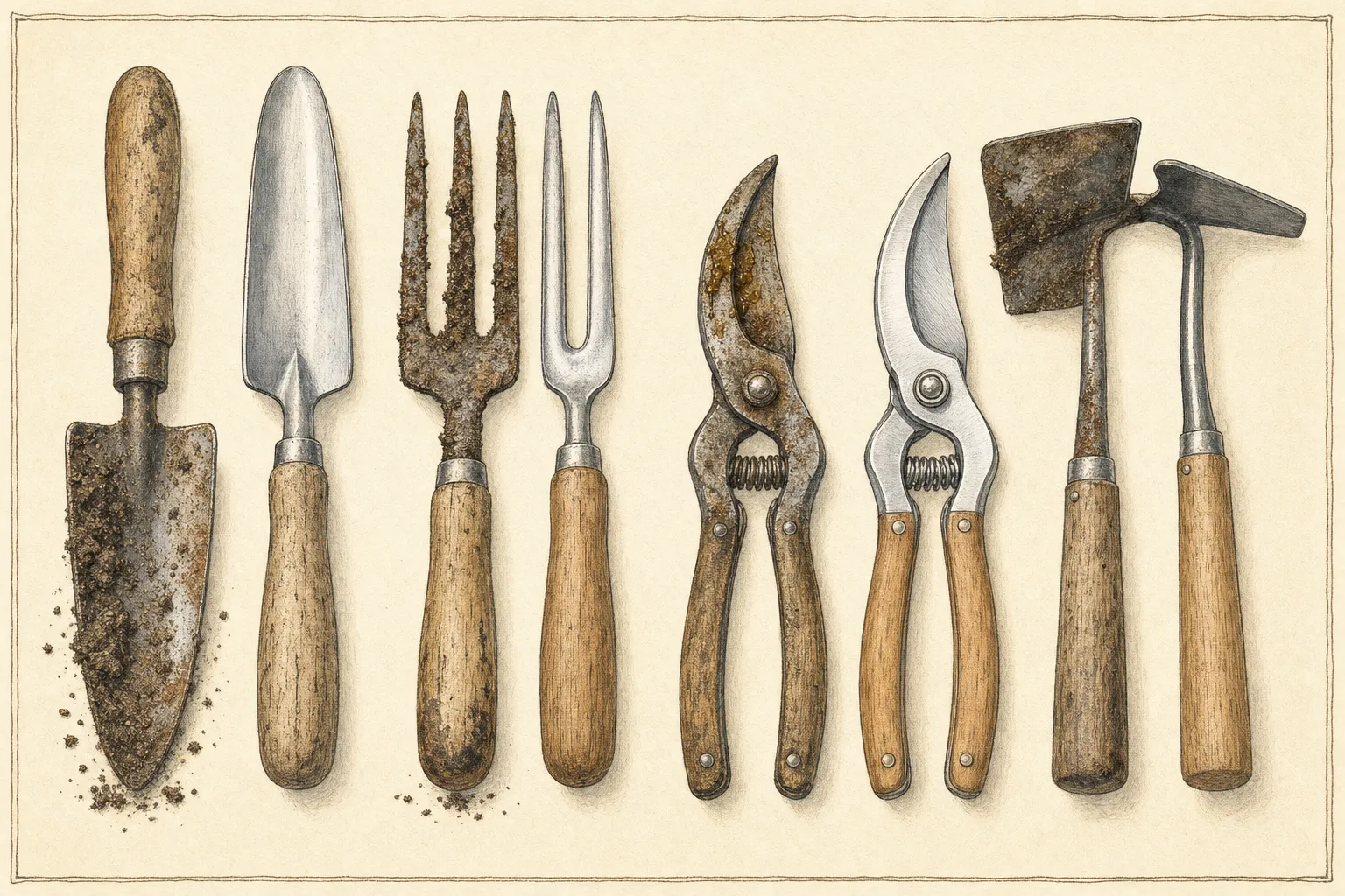 A botanical-style comparison plate showing dried soil on a trowel, sap on pruner blades, a rust patch on a hoe, and the same tools cleaned and dried for oiling