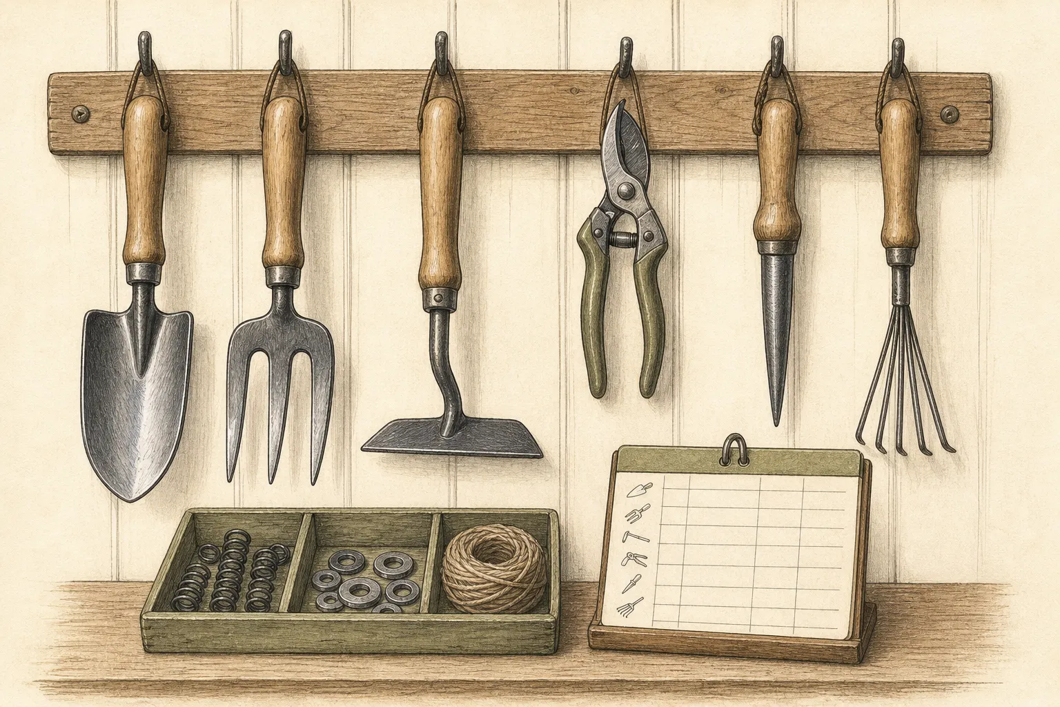 A dry shed wall with hand tools hung off the floor, pruners lightly oiled, labeled bins for spare parts, and a written inventory card placed beside grouped tools