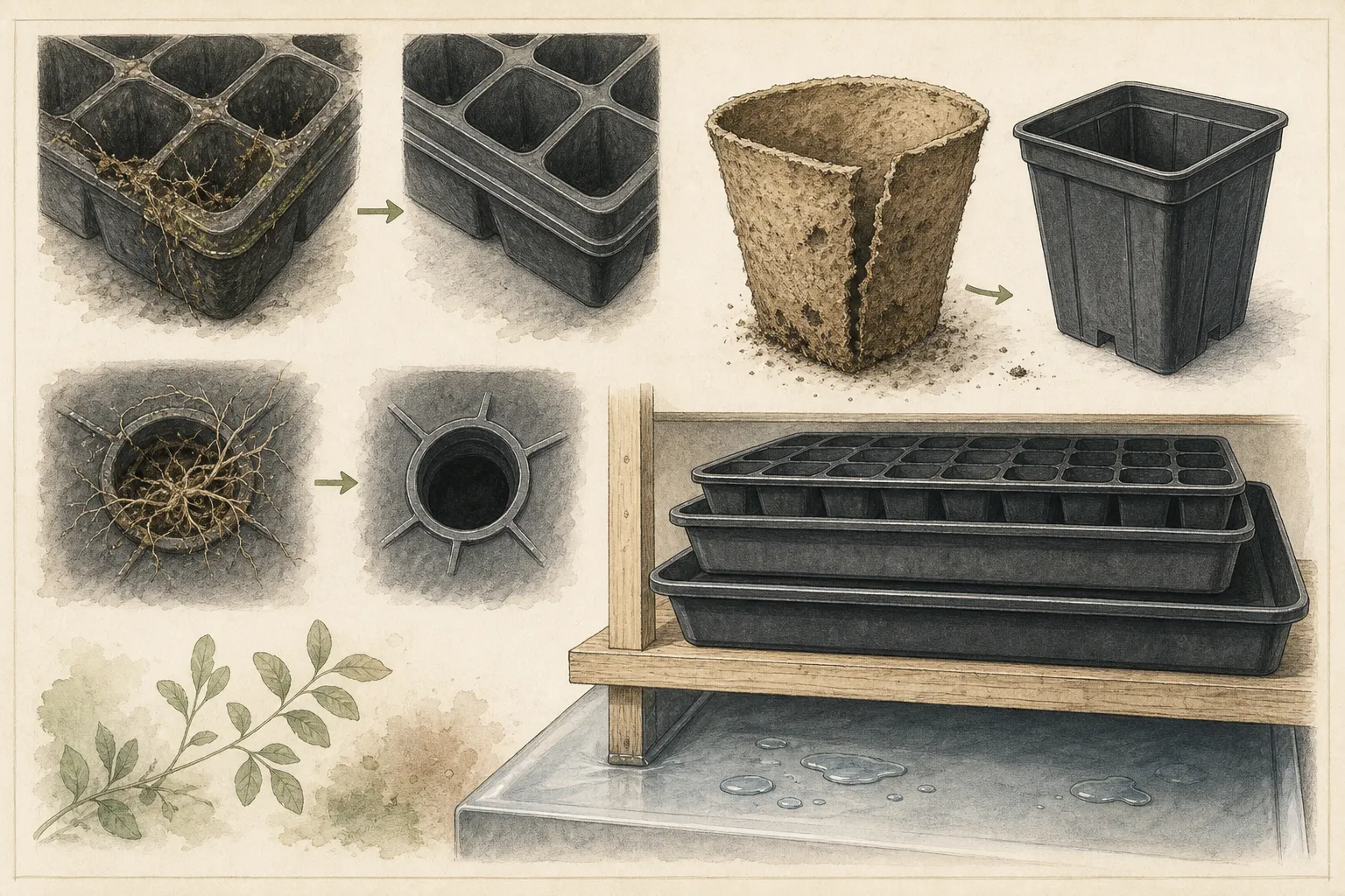 Detailed seed tray cells showing clean drainage holes, a root fragment, mineral film, a crack, and a completely dry nested stack