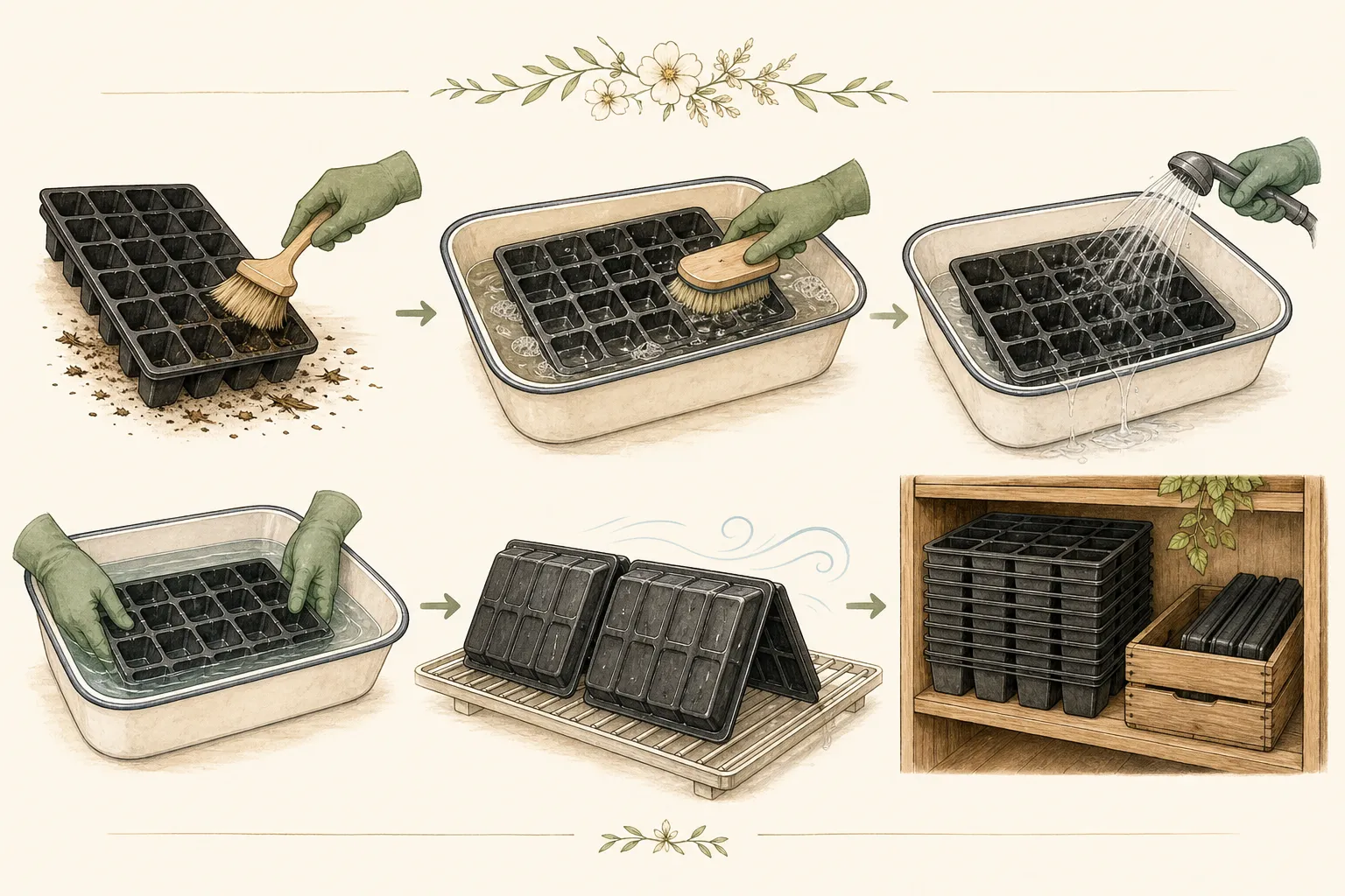 Process sequence showing a reused seed tray being emptied, dry-brushed, washed, rinsed, label-directed disinfected, and dried