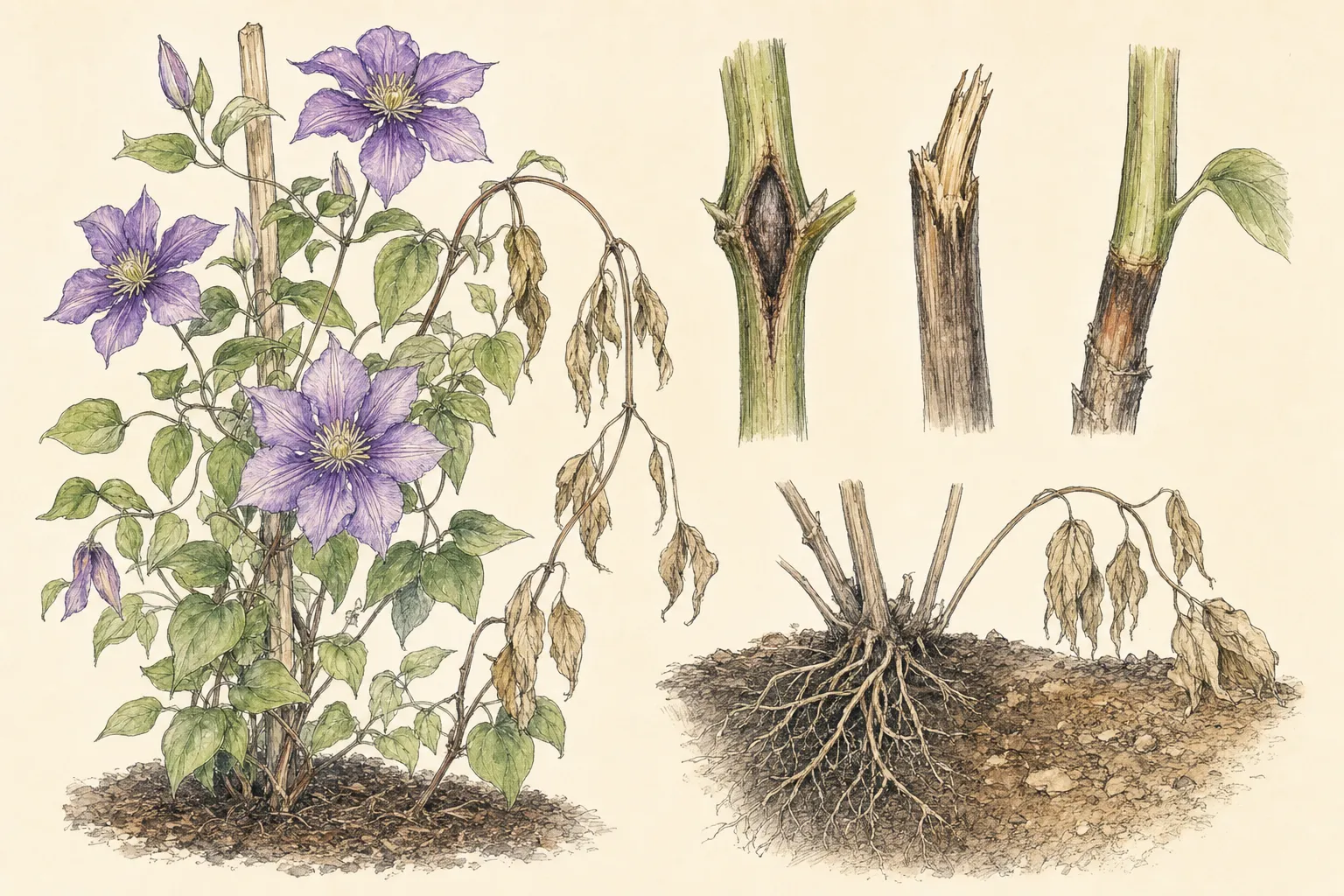 A suddenly wilted clematis shoot is traced down to a dark constricted stem lesion while a broken stem, dry root zone, and healthy shoot are compared