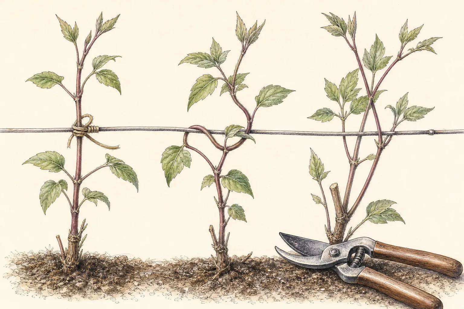 Three clematis shoot details showing a loose tie, a gently guided stem and a crossing shoot removed at its origin