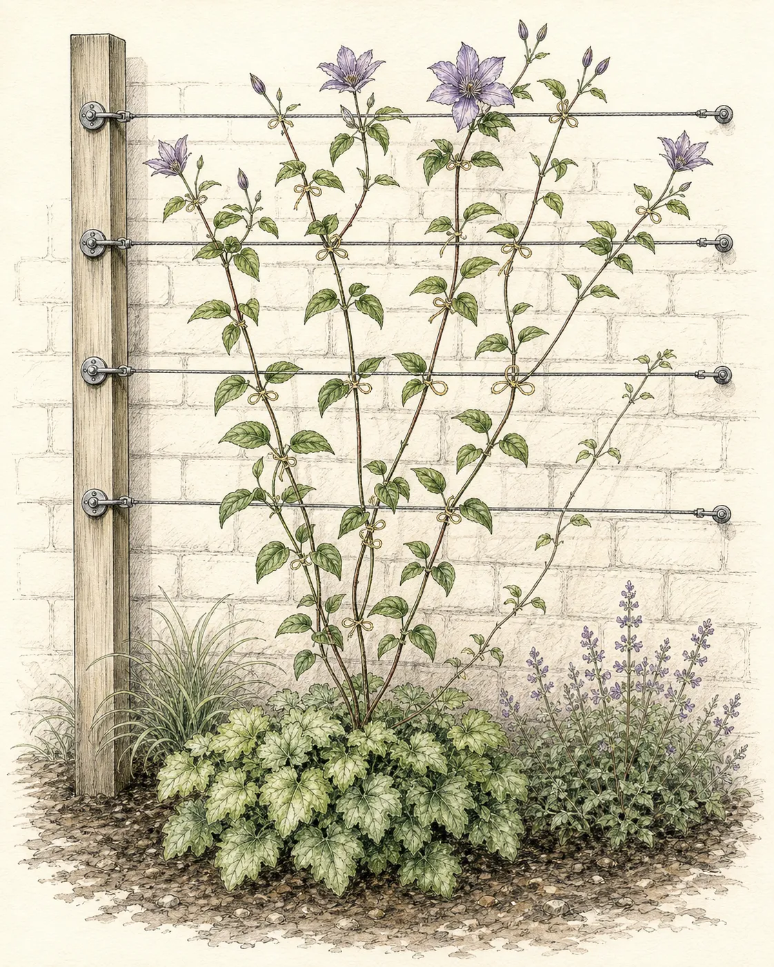 Young clematis shoots fanned separately on wall wires with loose ties and a shaded root zone
