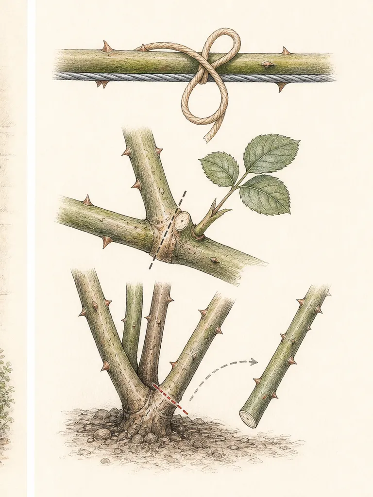 A principal climbing rose cane bends gradually along a wire while upright flowering laterals rise from buds along its length