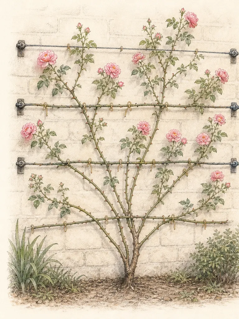 A wall-mounted horizontal wire framework leaves clear space behind rose canes and an open service route at the base