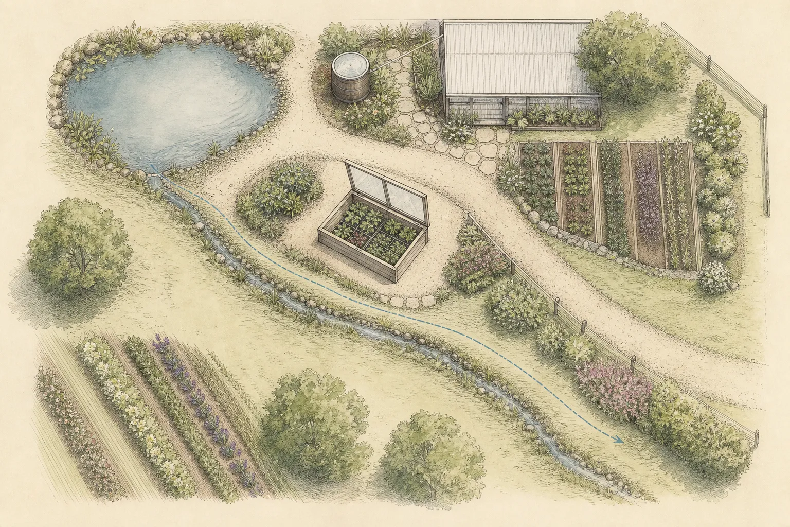 Overhead cold-frame site plan showing winter sun, south-facing lid, wind shelter, drainage route, house access, shade risk, and clear working space