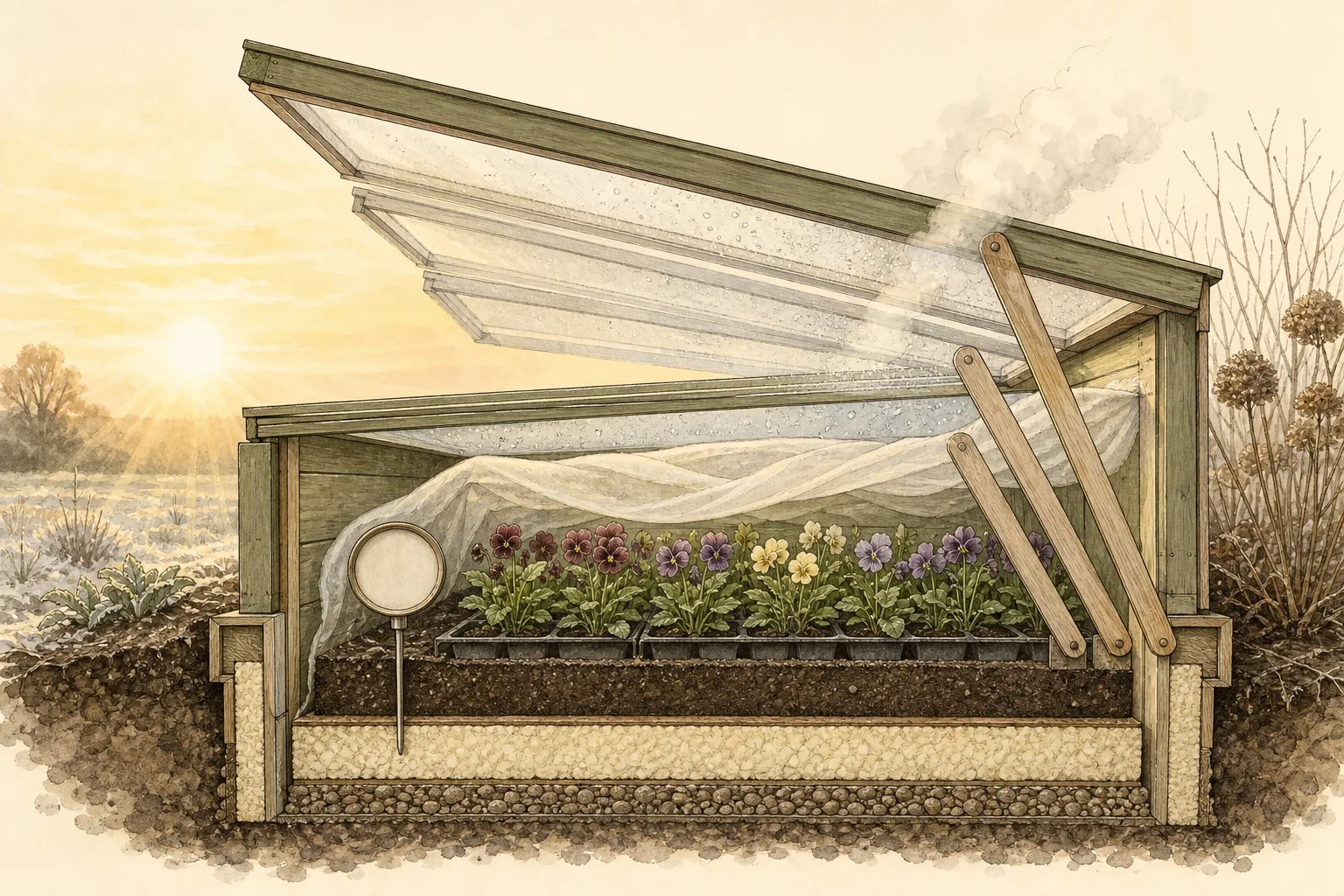 Section through a cold frame showing sloped transparent lid, vent prop positions, thermometer, thermal mass, seedling clearance, drainage, and sun heat path