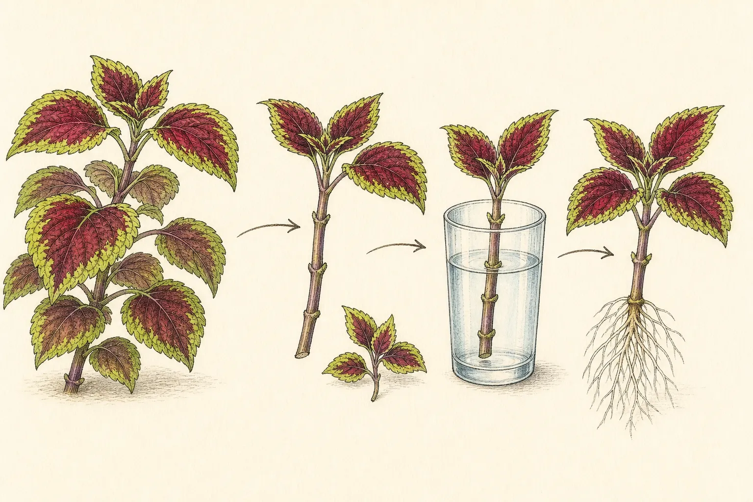 A healthy coleus tip is cut below a node, lower leaves are removed, and the node is inserted into clean propagation media where roots develop