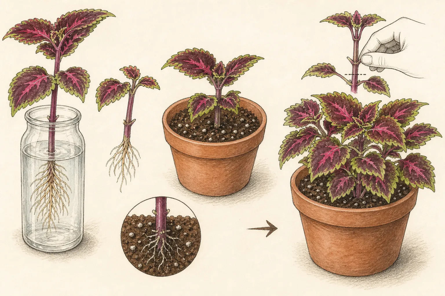 A rooted coleus cutting is potted at grade, allowed to establish, and pinched above a leaf pair to form two compact branches