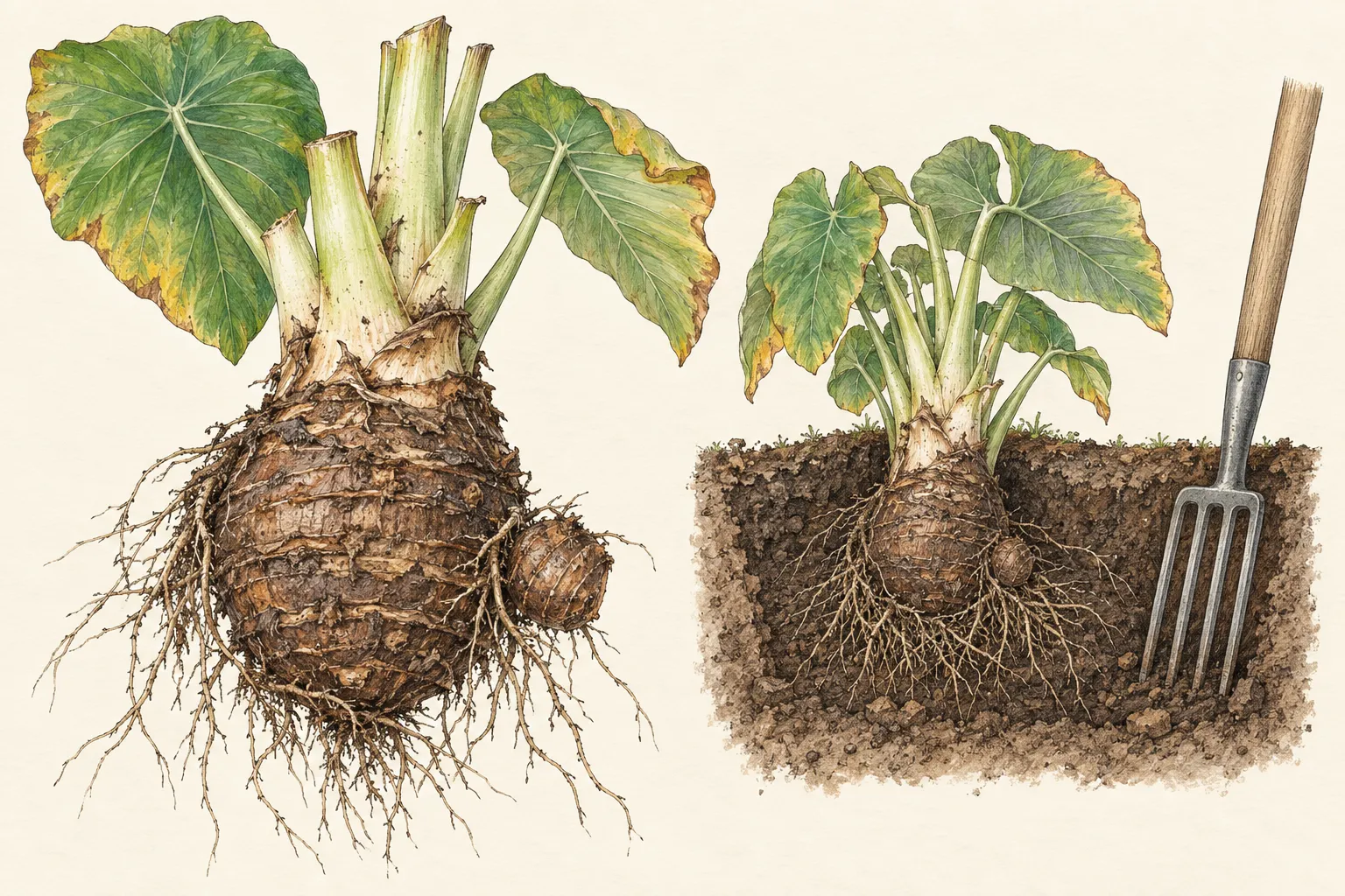 Lifted ridged Colocasia corm with side offset and fine roots beside a soil section showing a fork outside the underground clump