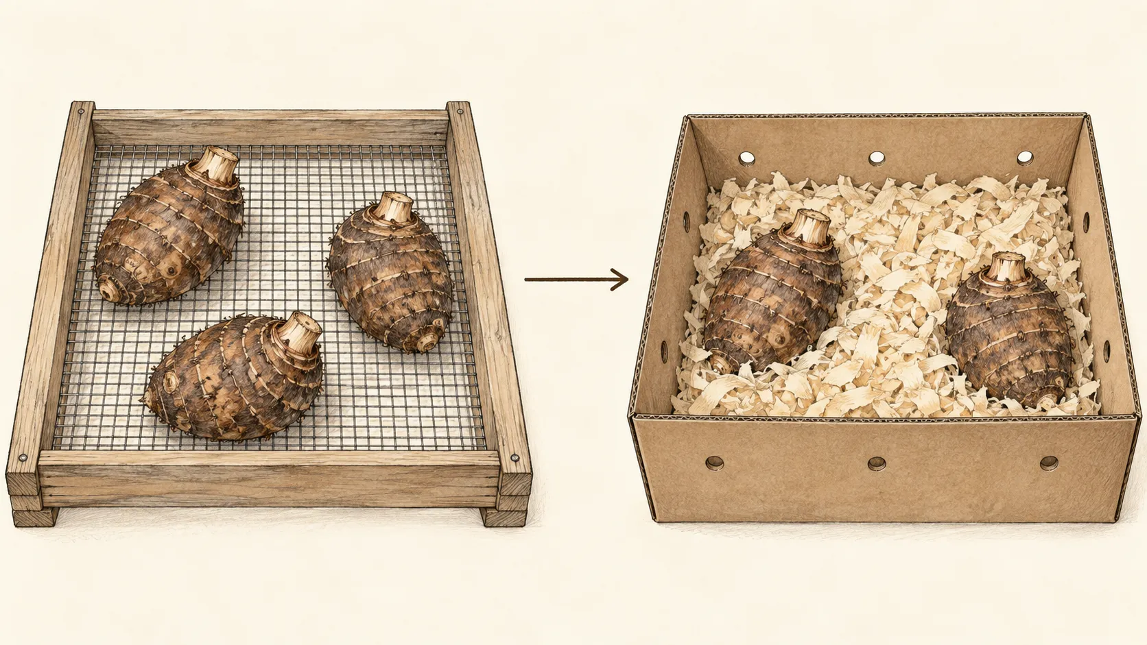 An open mesh tray of separated Colocasia corms leads to a ventilated cardboard box with corms surrounded by wood shavings