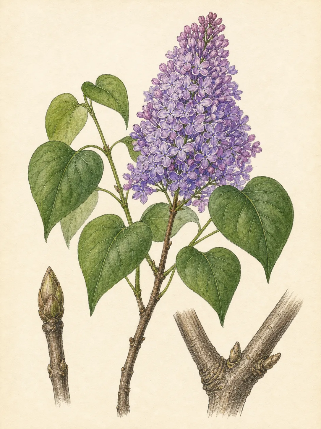 Common lilac branch with opposite heart-shaped leaves, a dense violet flower panicle, buds and woody twig junctions