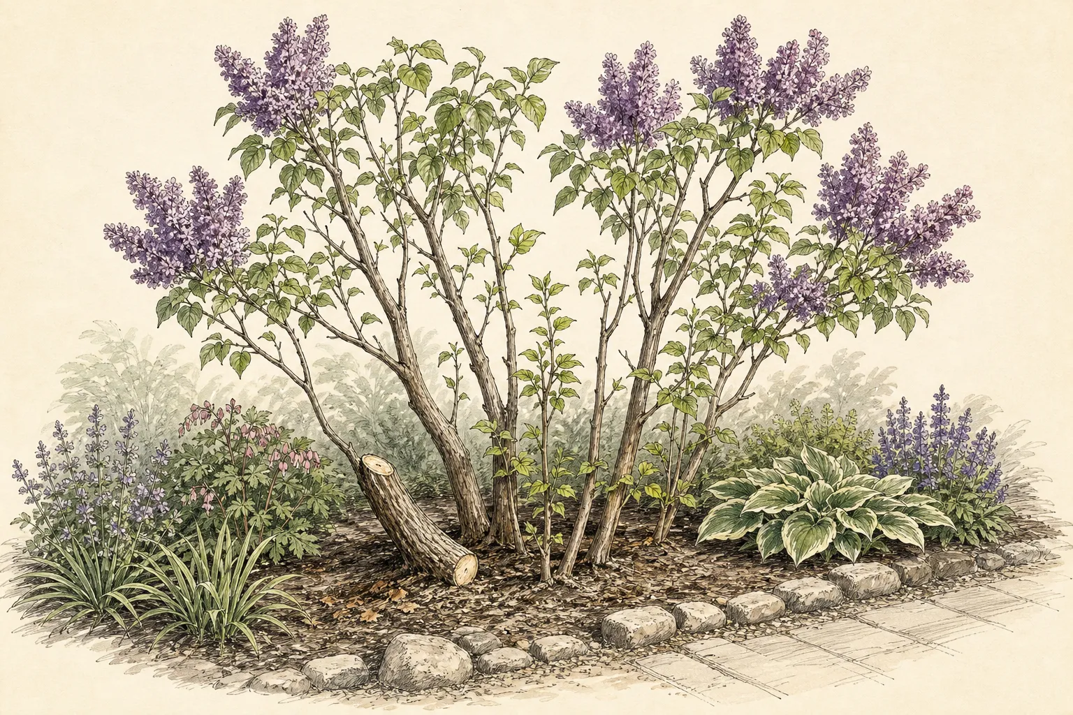 Wide multi-stem common lilac with younger basal stems and one older trunk removed near ground level