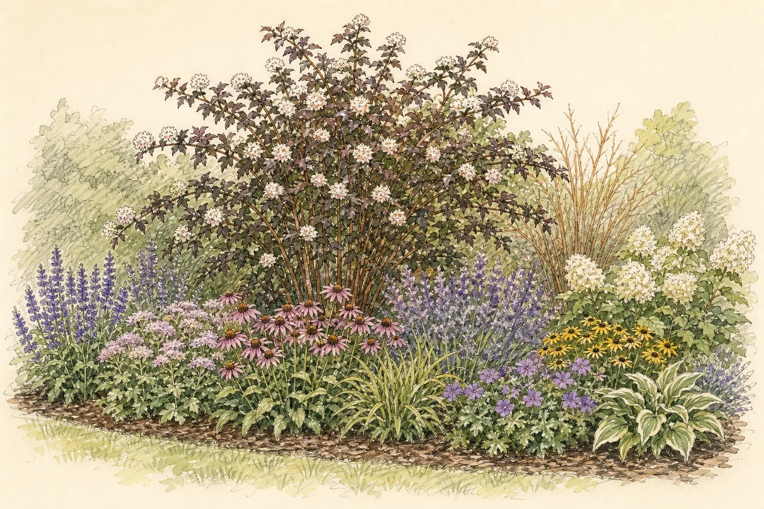 Garden placement study showing mature Common Ninebark in an ornamental planting