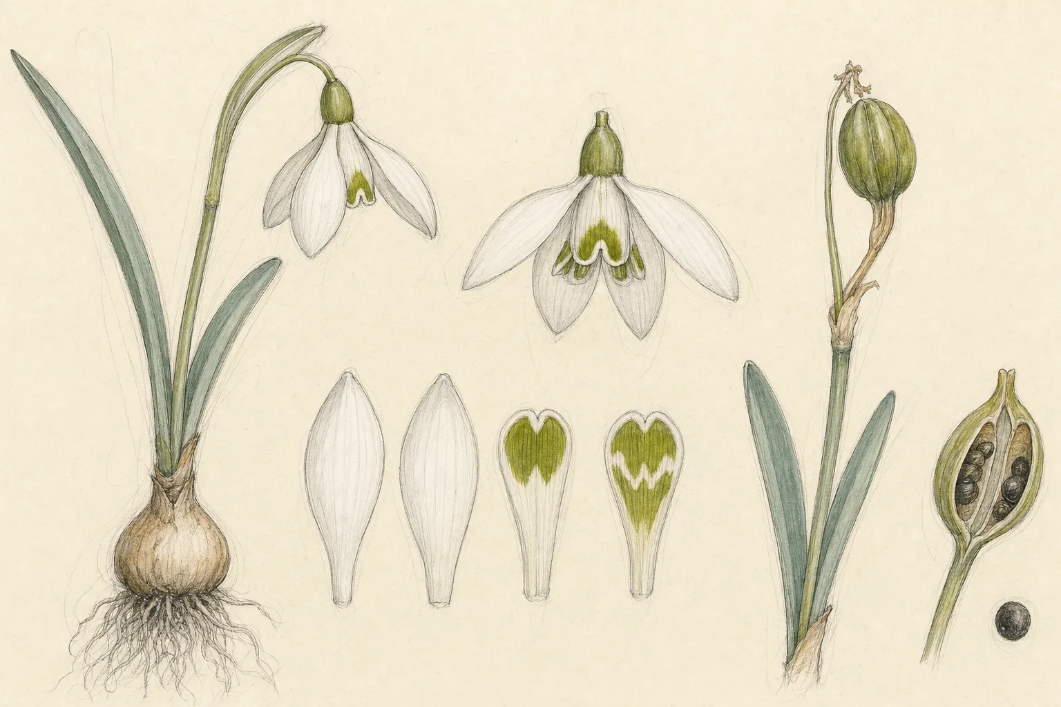 Botanical plate of common snowdrop showing bulb, roots, glaucous leaves, scape, flower segments, and fruit
