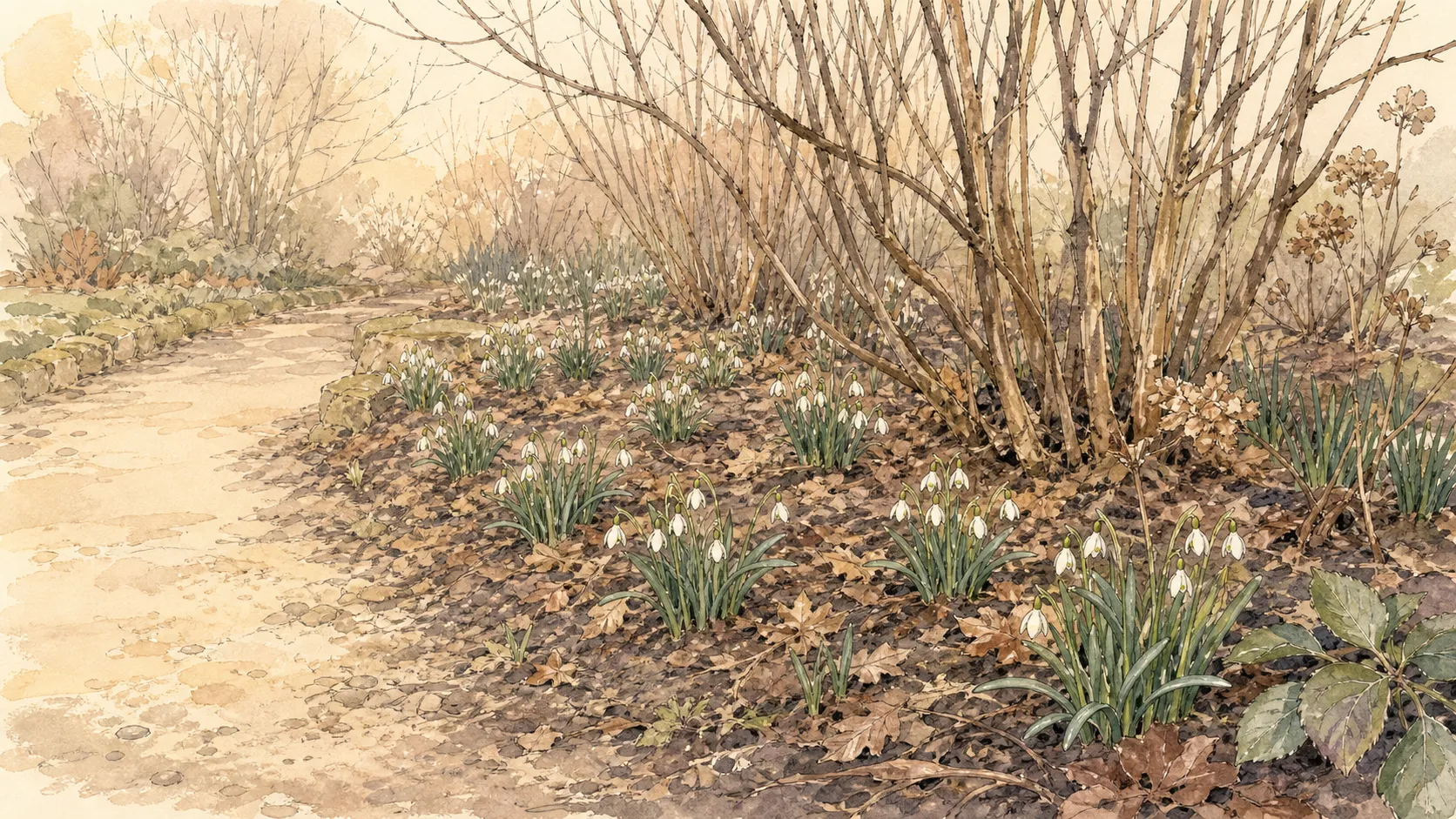 Common snowdrops in small irregular clumps beneath leafless deciduous shrubs beside a late-winter path