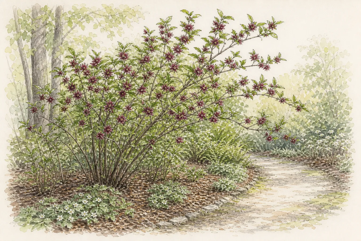 Garden study showing the placement and growth habit of Common Sweetshrub