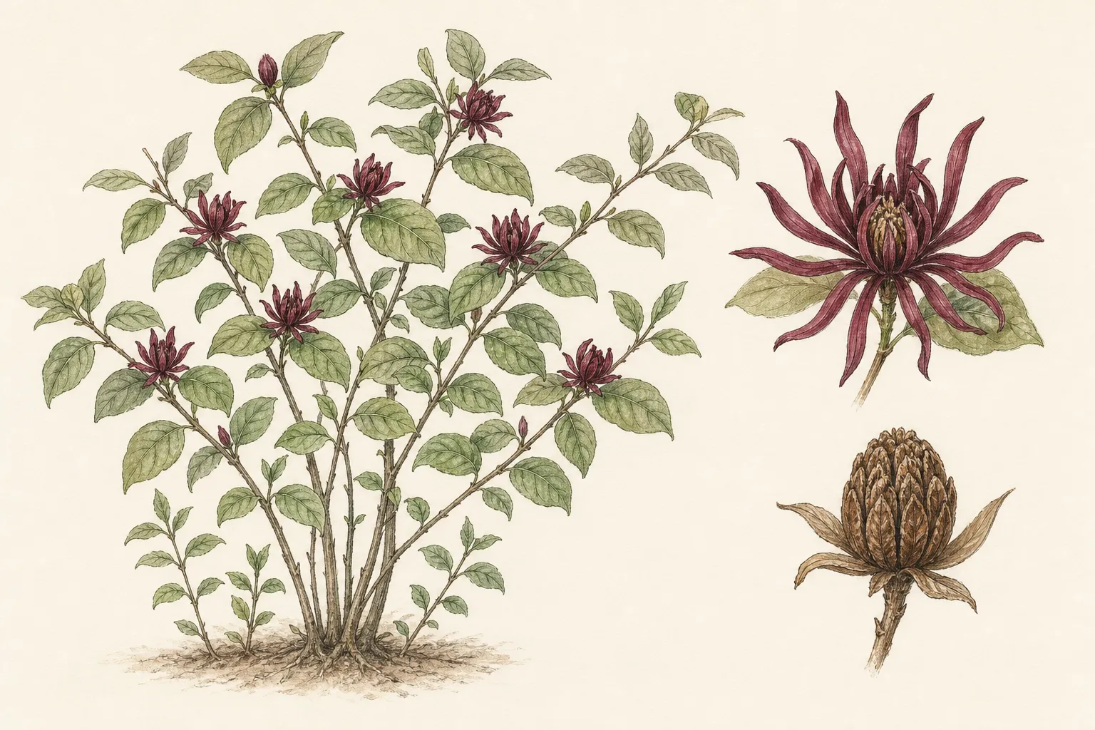 Botanical identification plate of Common Sweetshrub, Calycanthus floridus