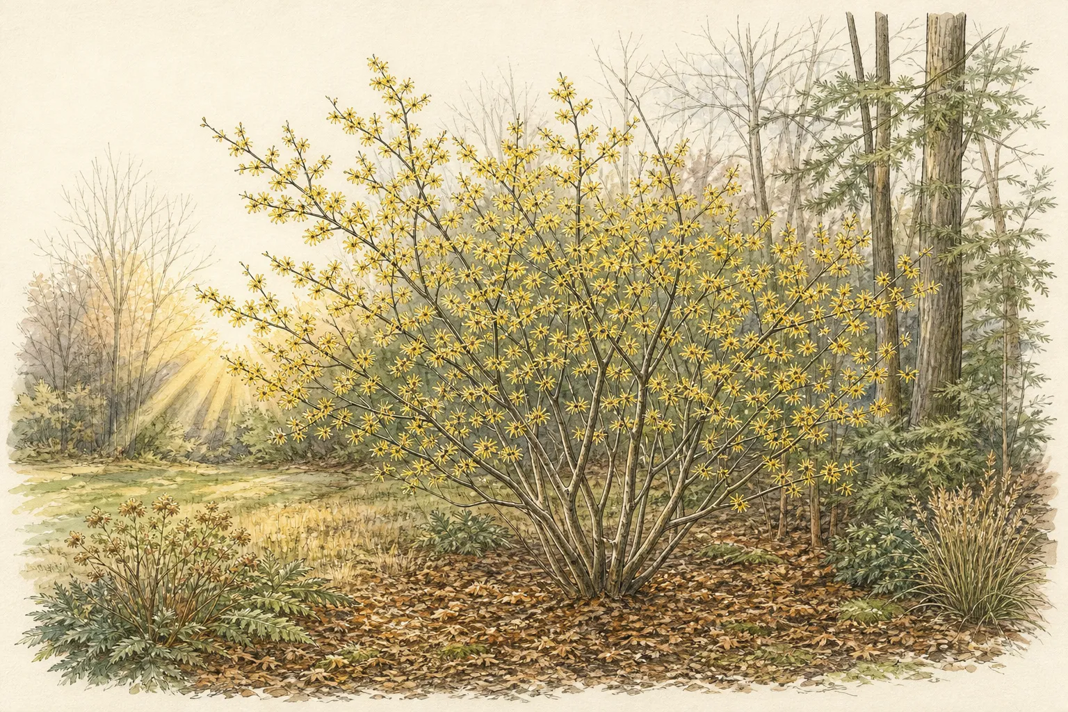 Garden placement study showing mature Common Witch Hazel in an ornamental planting