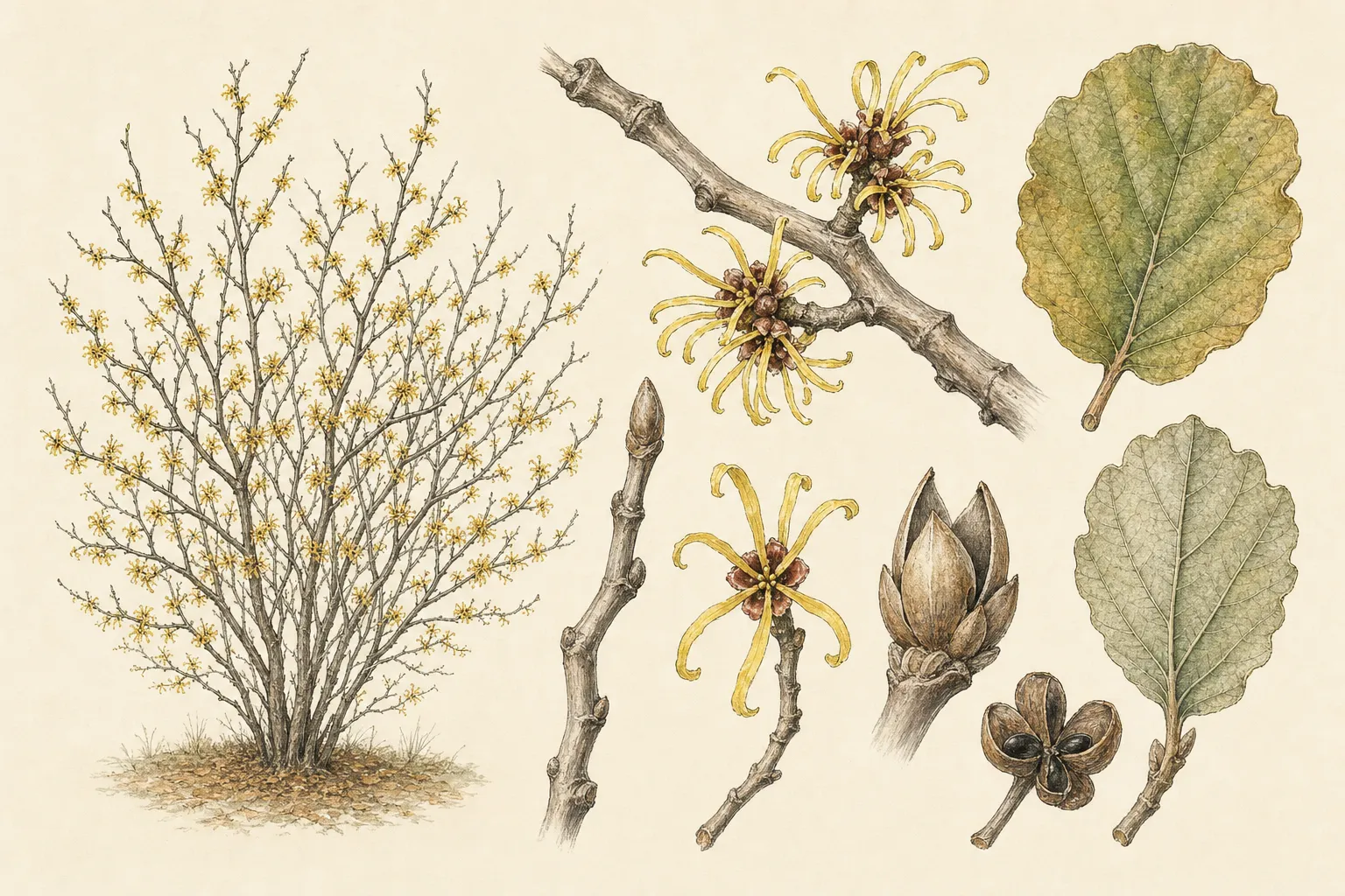 Botanical identification plate of Common Witch Hazel, Hamamelis virginiana