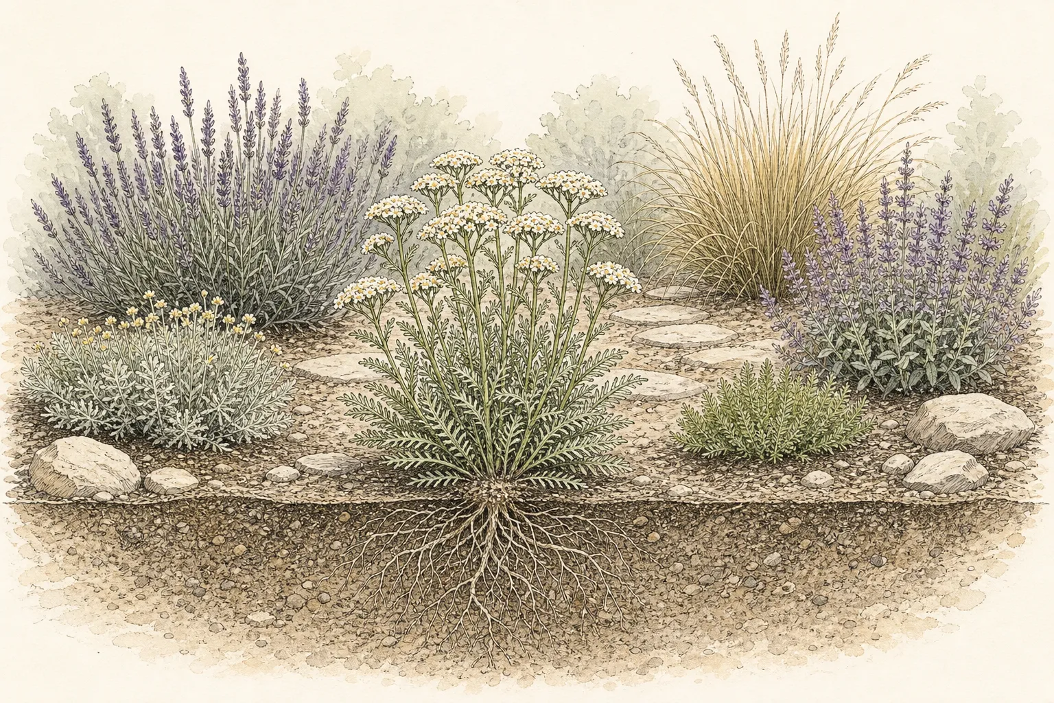 Garden study showing the placement and growth habit of Common Yarrow