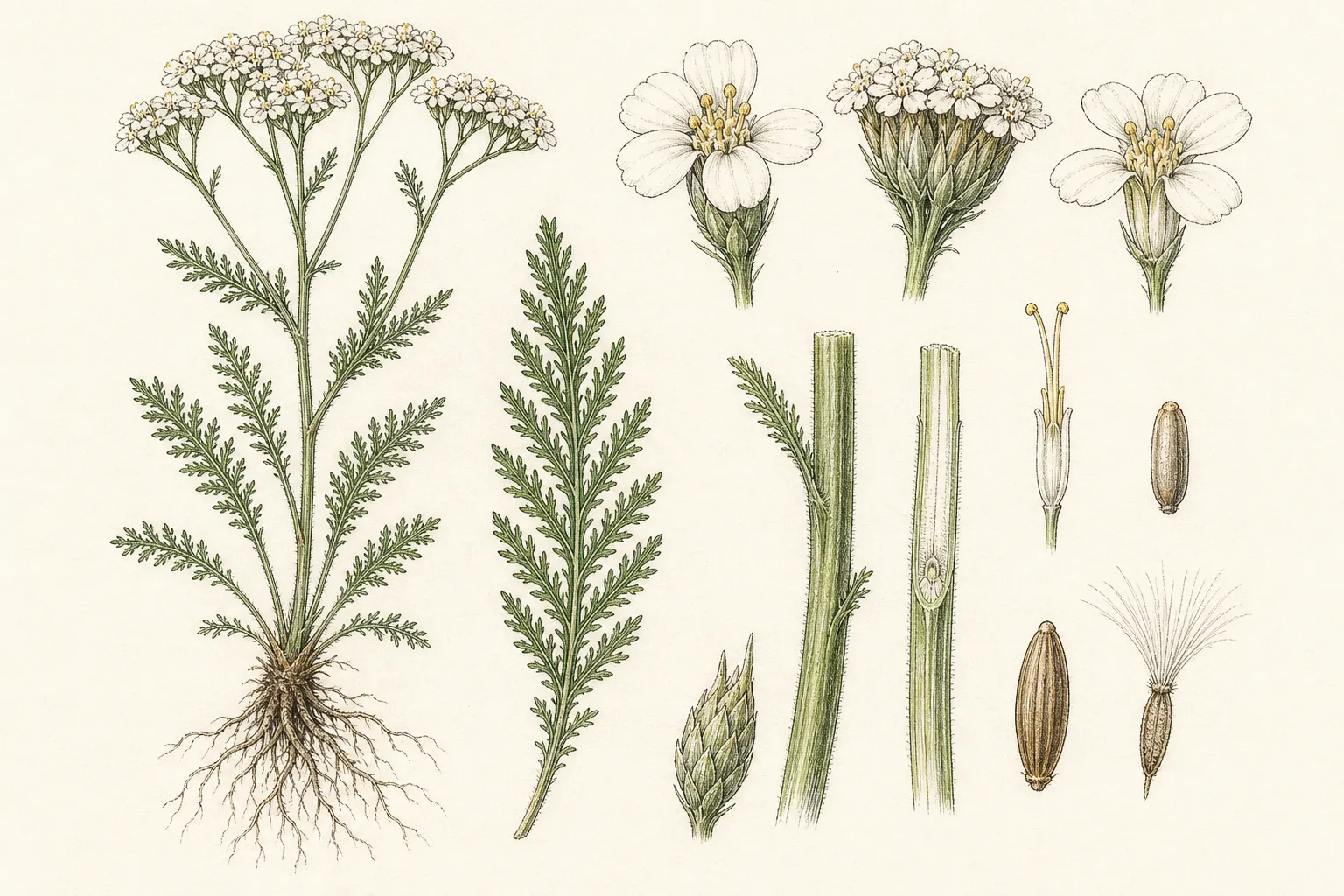 Botanical identification plate of Common Yarrow, Achillea millefolium