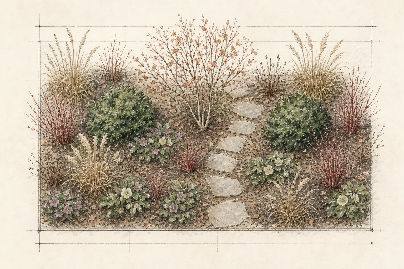 Measured plan of a compact winter border with mature shrub outlines, low bulb groups, evergreen mass, path, and maintenance gaps