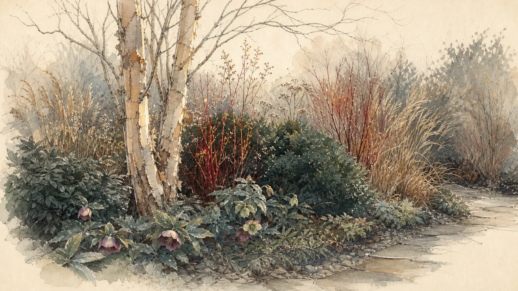 Compact winter border with one pale-stem shrub, dark evergreen form, paperbush, snowdrops, leaf litter, and clear path edge