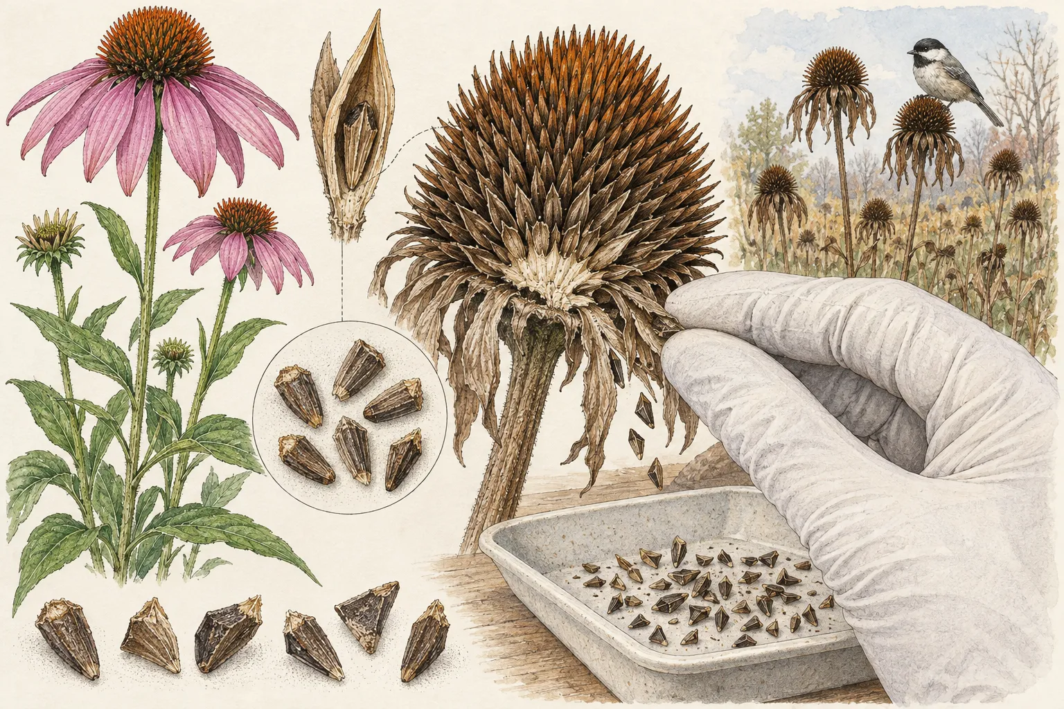 Illustrated hand releasing small wedge-shaped coneflower fruits into a tray while other heads remain standing for birds
