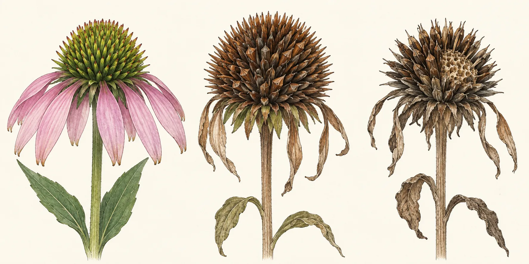 Illustrated purple coneflower heads in green unripe, brown seed-releasing, and weathered nearly empty states