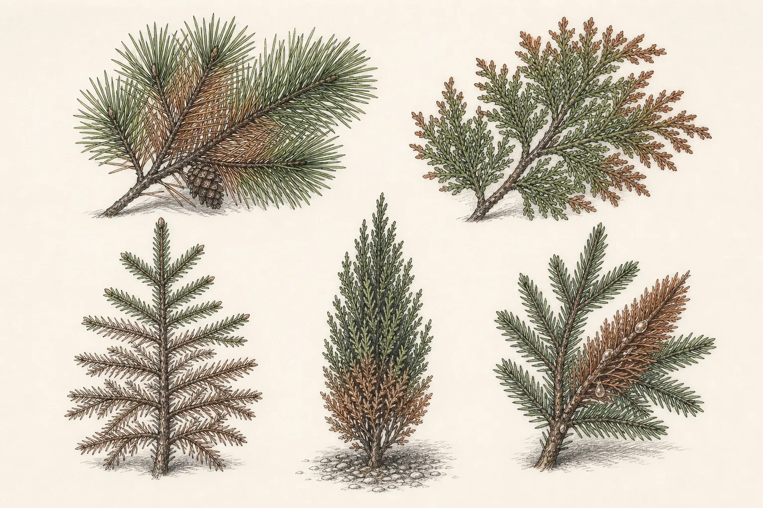 Comparison plate showing normal interior older needle drop, windward tip browning, lower-up needle cast pattern, salt-facing lower browning, and a whole branch turned brown