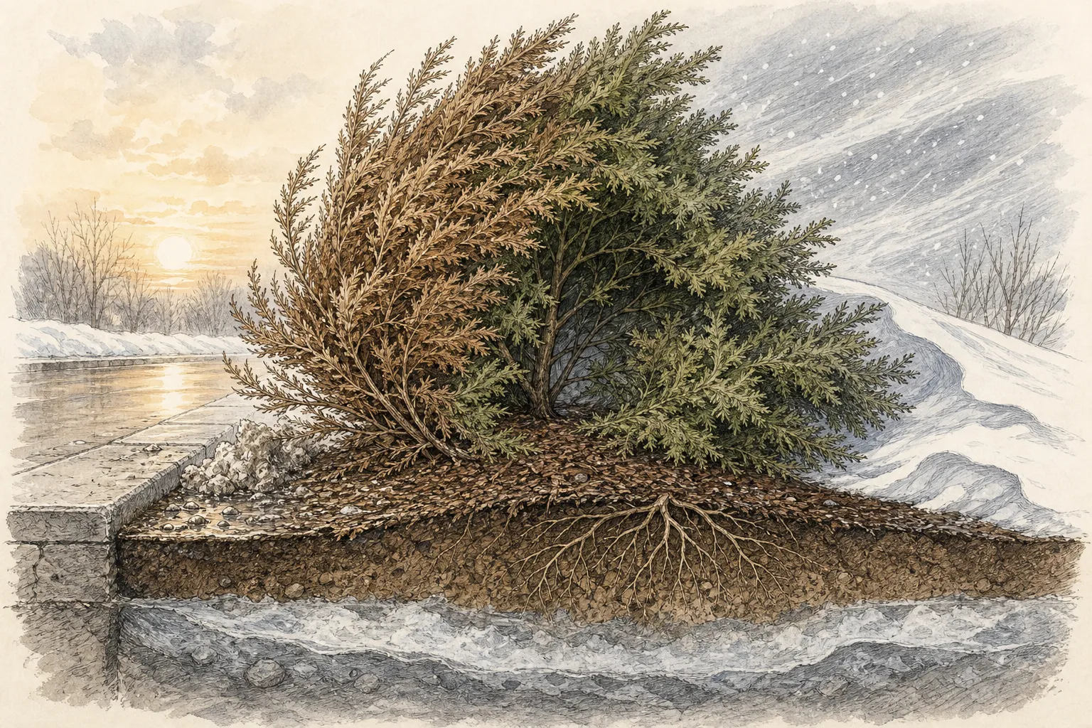Section showing windward winter exposure on a conifer with frozen soil, reflected sun on one side, deicing splash at the base, and a sheltered interior remaining green