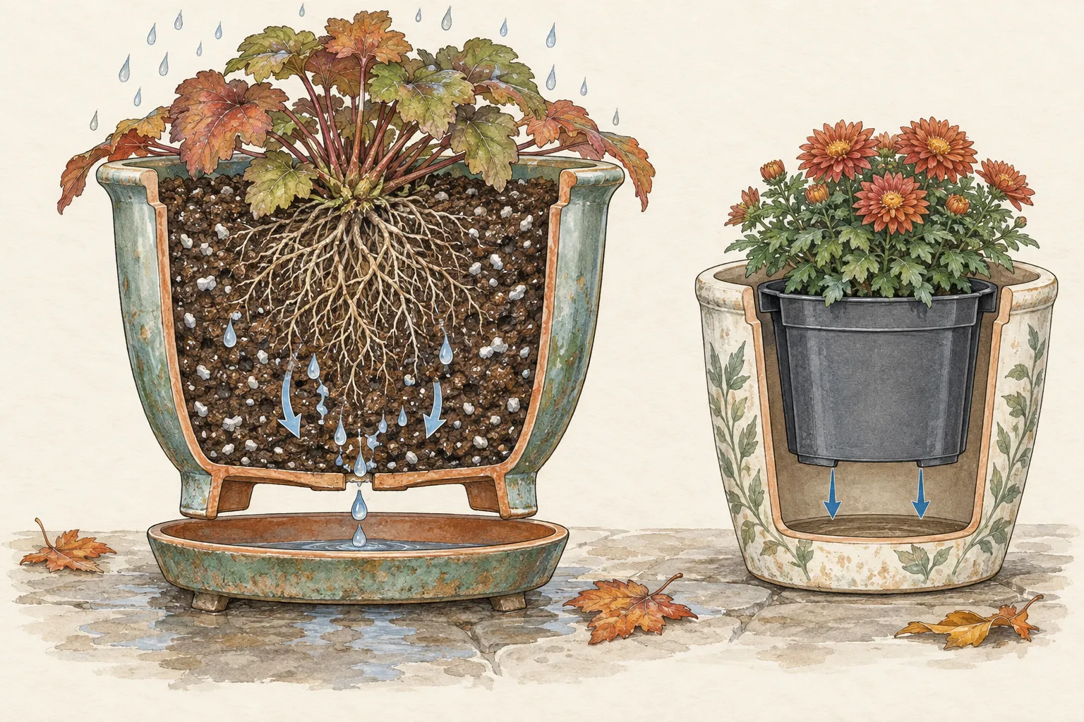 Cutaway drawing of an ornamental pot with airy mix, open drainage hole, elevated saucer, and a double-pot setup that leaves room for water to escape