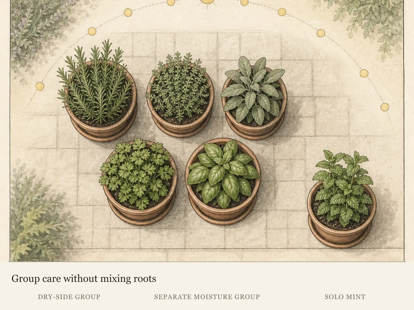 Overhead patio plan grouping six separate herb pots by dry-side and steady-moisture care with mint isolated