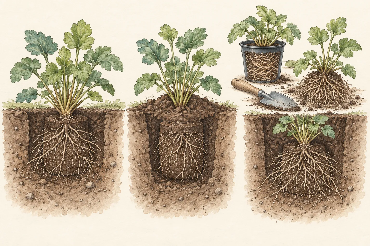Hand-rendered comparison of a container-grown perennial planted at the correct depth, too deeply, and with circling roots loosened before planting