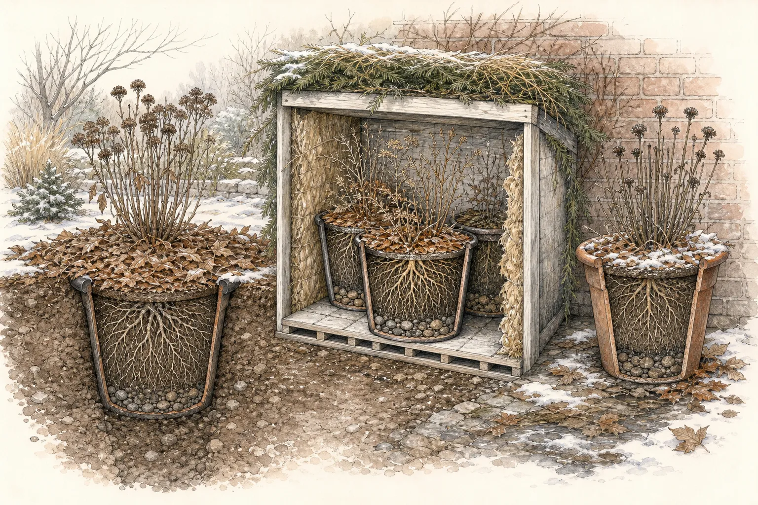 Winter protection comparison showing a perennial pot sunk into soil, clustered containers in a ventilated enclosure, and an exposed unprotected pot