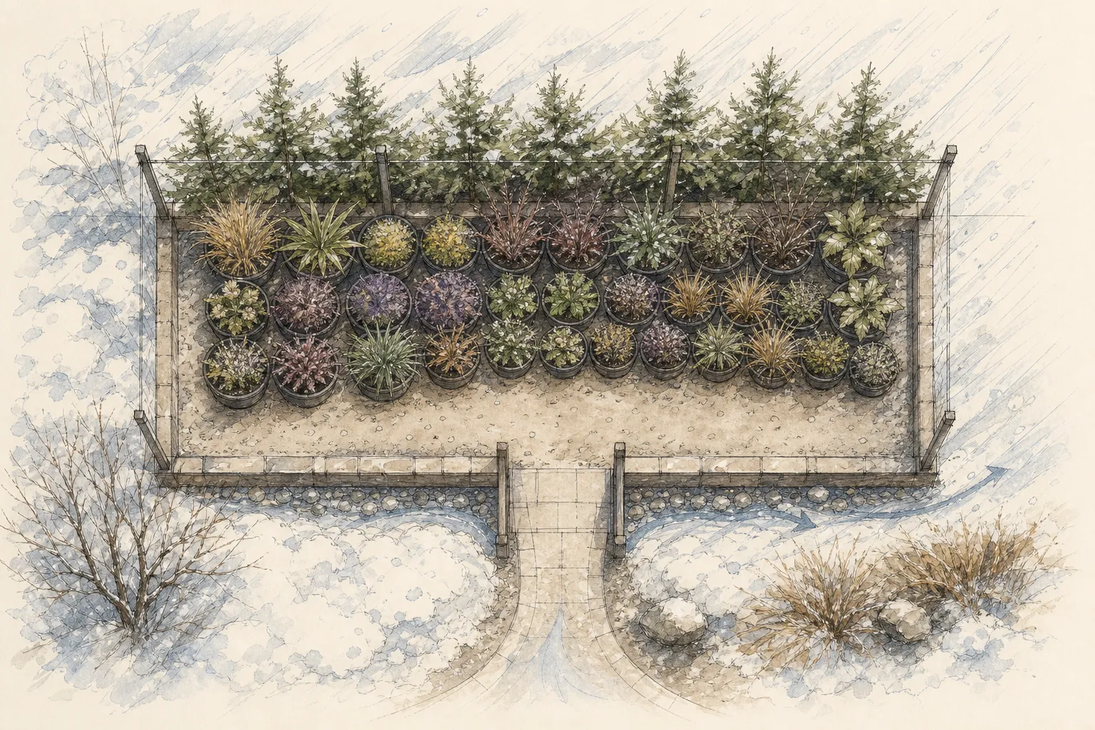 Plan of container-grown perennials grouped pot-to-pot behind a windbreak with drainage route and maintenance aisle